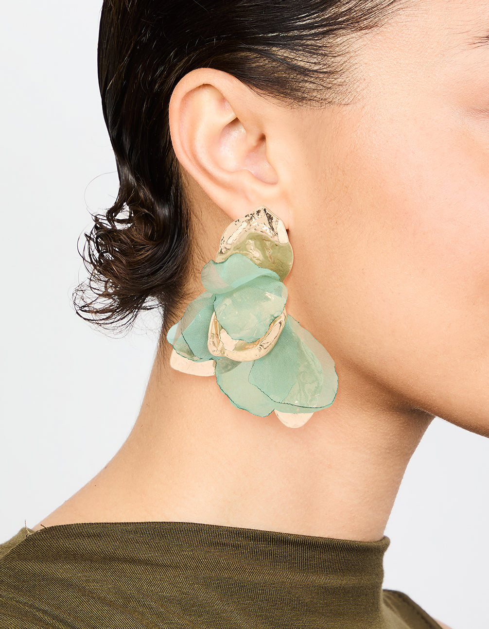 Gold Green Fabric Flower Drop Earrings