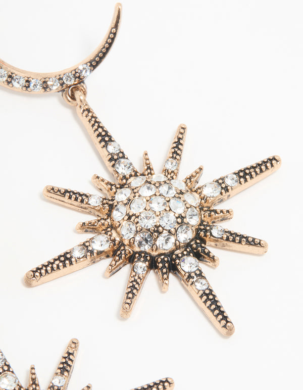 Antique Gold Diamante Celestial Large Drop Earrings