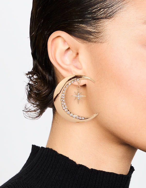 Antique Gold Diamante Celestial Moon Drop Earrings