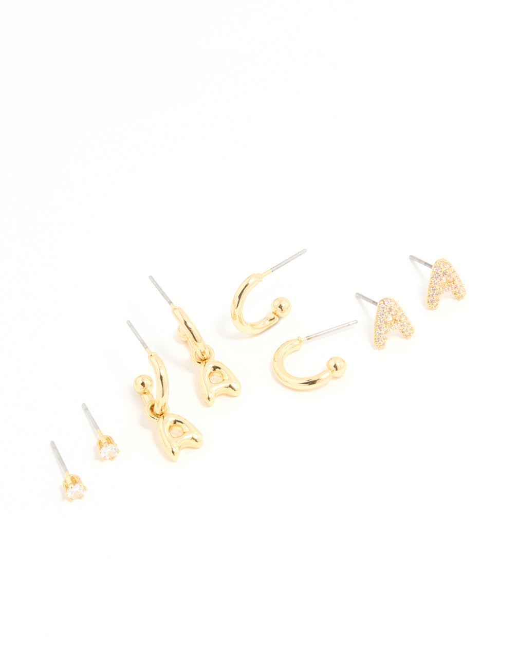 Gold Plated Cubic Zirconia Letter A Stud & Hoop Earrings 4-Pack