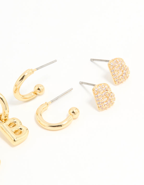 Gold Plated Cubic Zirconia Letter B Stud & Hoop Earrings 4-Pack