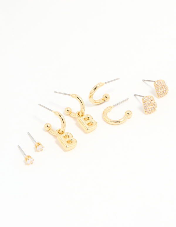 Gold Plated Cubic Zirconia Letter B Stud & Hoop Earrings 4-Pack