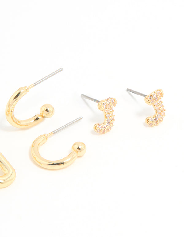 Gold Plated Cubic Zirconia Letter J Stud & Hoop Earrings 4-Pack