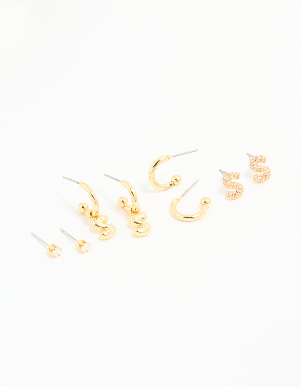 Gold Plated Cubic Zirconia Letter S Stud & Hoop Earrings 4-Pack