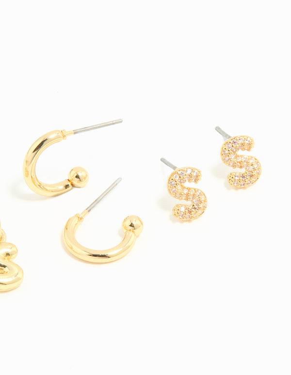 Gold Plated Cubic Zirconia Letter S Stud & Hoop Earrings 4-Pack