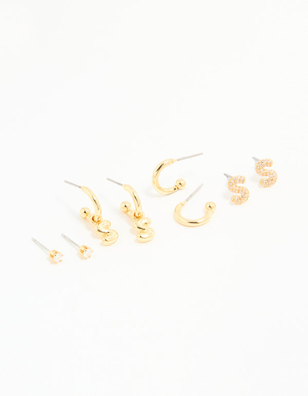 Gold Plated Cubic Zirconia Letter S Stud & Hoop Earrings 4-Pack