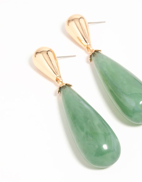 Gold Green Teardrop Drop Earrings