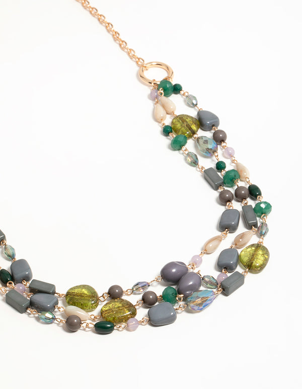 Gold Green & Grey Beaded Chain Necklace