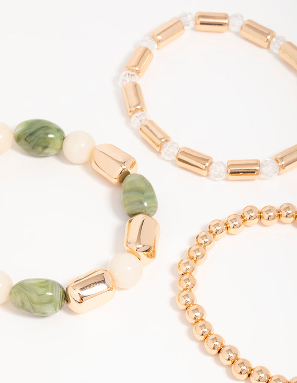 Gold & Green Beaded Stretch Bracelets 3-Pack