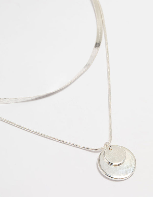 Silver Plated Disc Pendant Layered Necklace