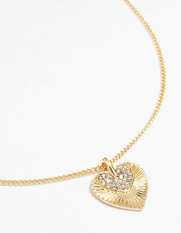 Gold Cubic Zirconia Textured Heart Pendant Necklace