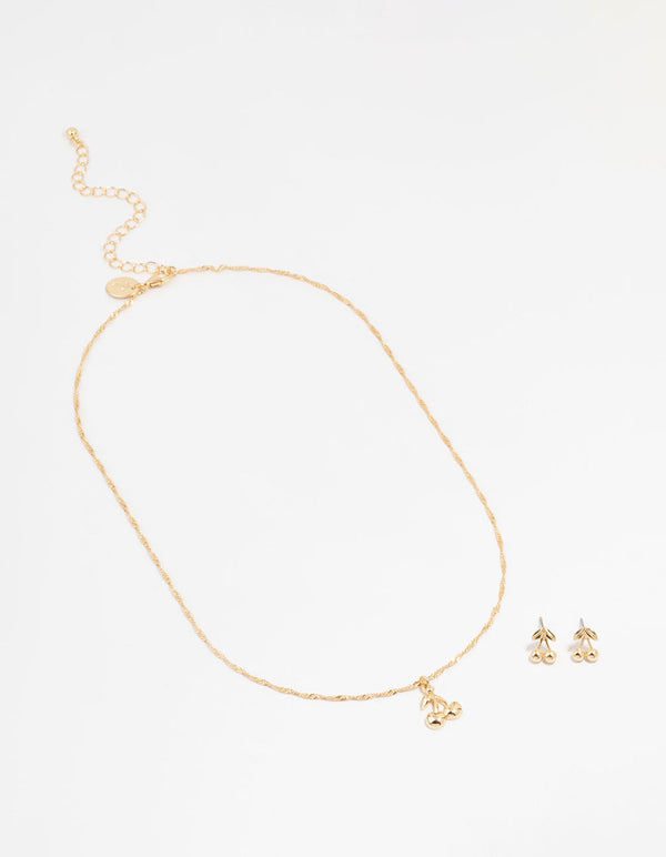 Gold Cherry Necklace & Earrings Set