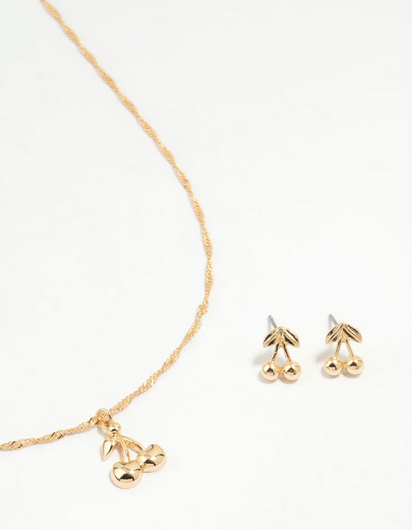 Gold Cherry Necklace & Earrings Set