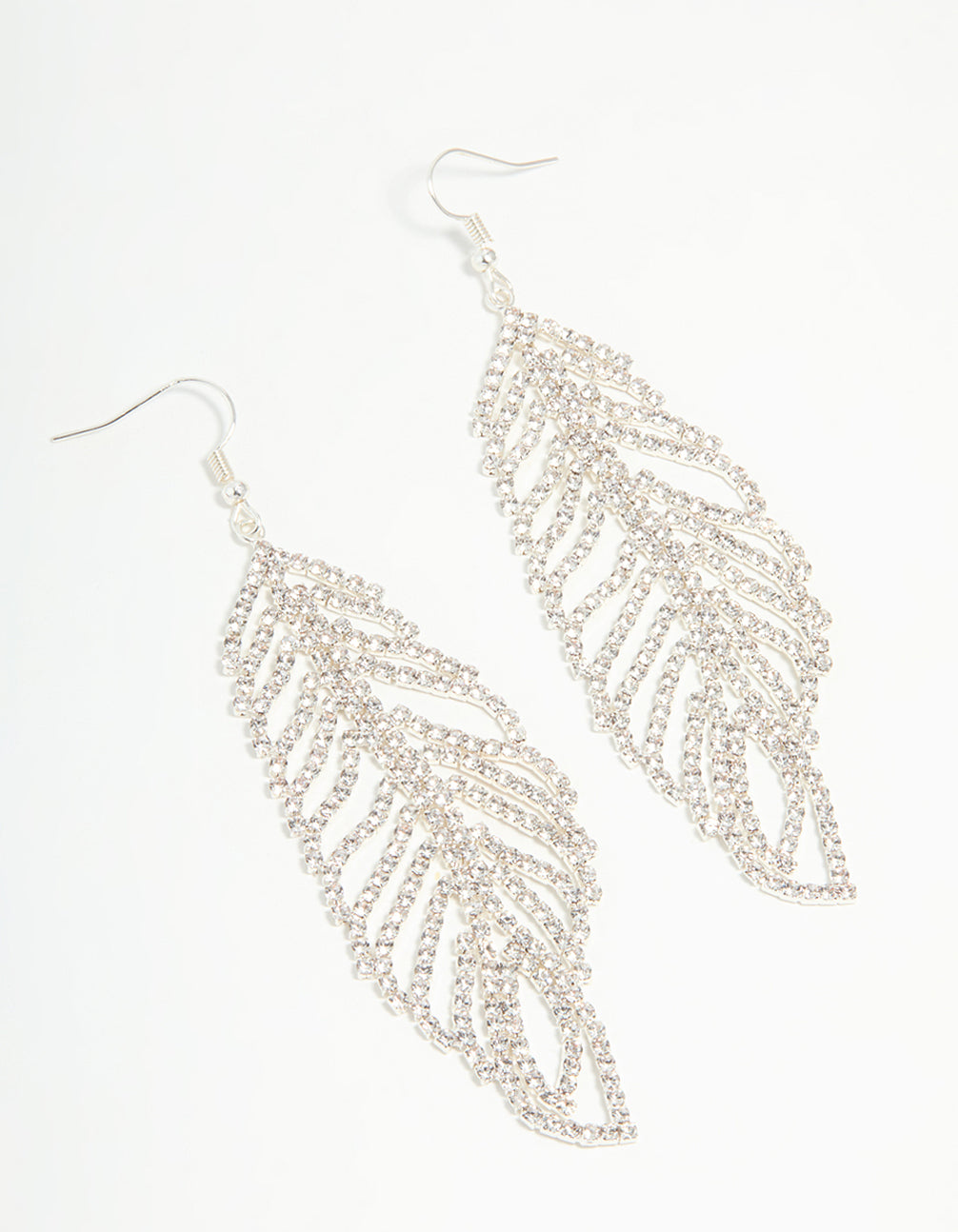 Silver Diamante Leaf Outline Hook Large Drop Earrings