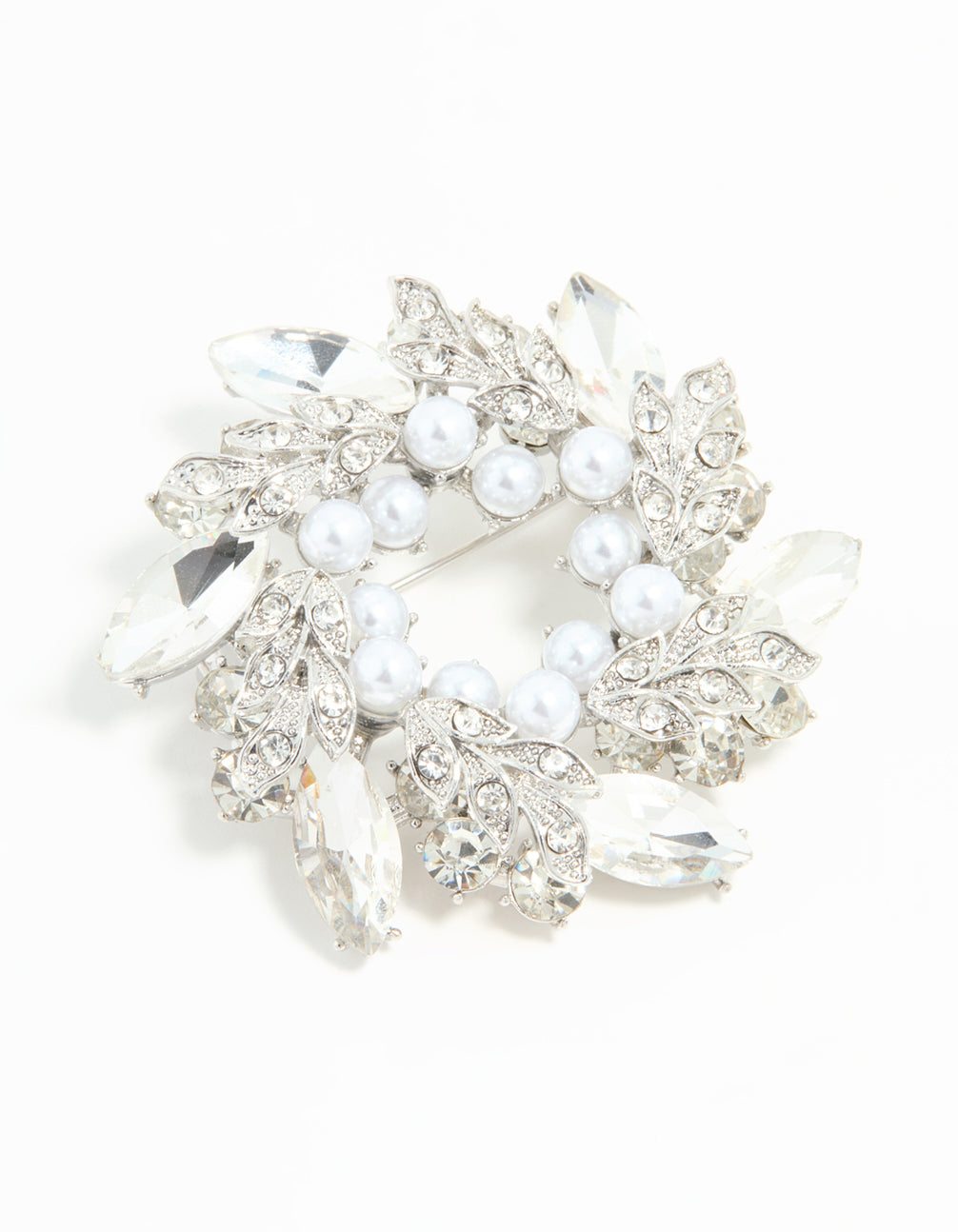 Silver Diamante Pearl Wreath Brooch