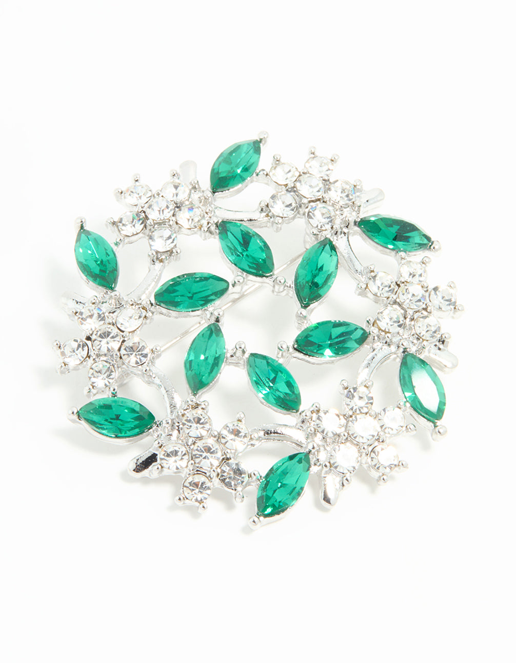 Silver Green Diamante Floral Circle Brooch