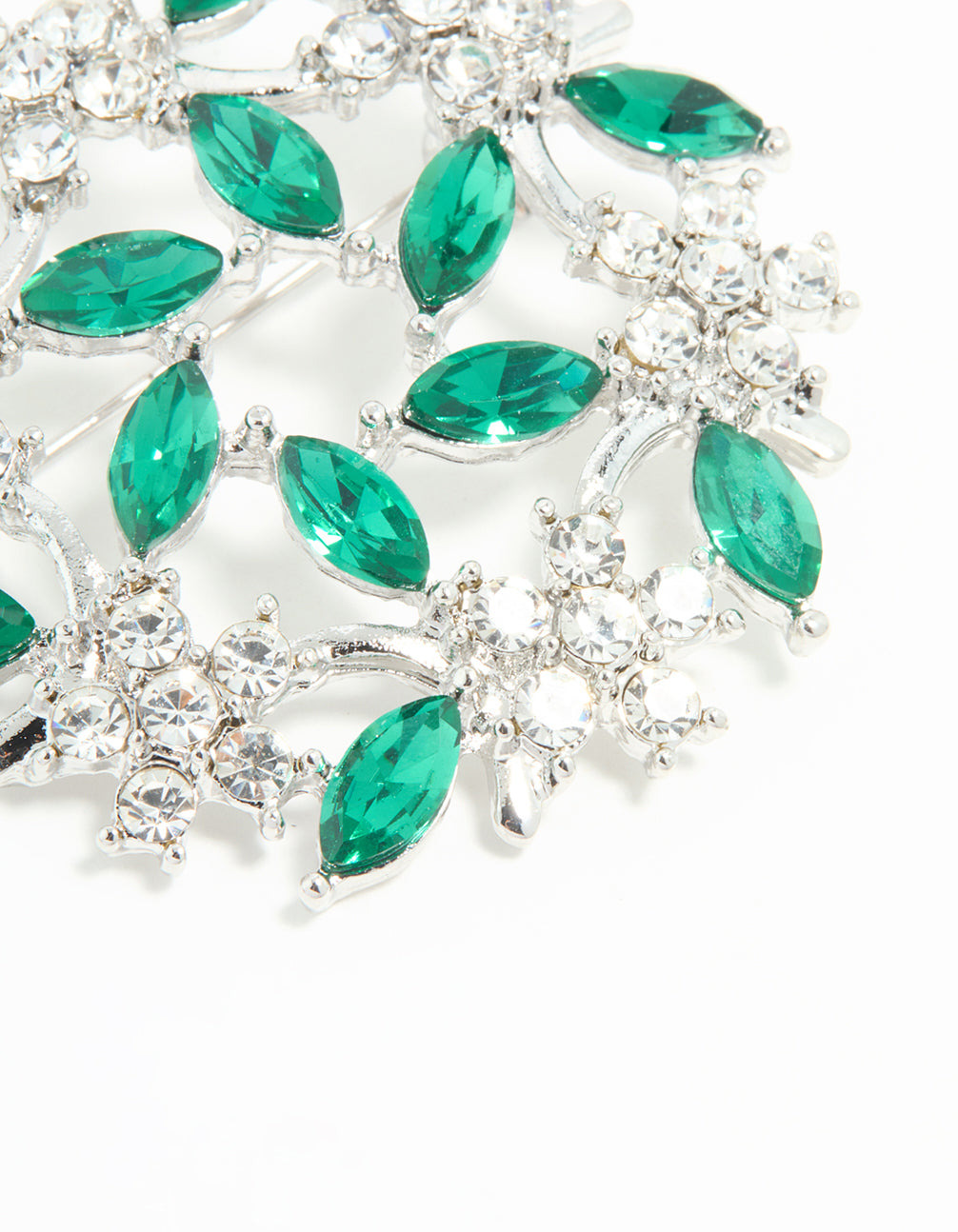 Silver Green Diamante Floral Circle Brooch