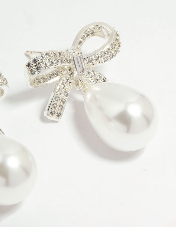Silver Plated Cubic Zirconia & Pearl Bow Drop Earrings
