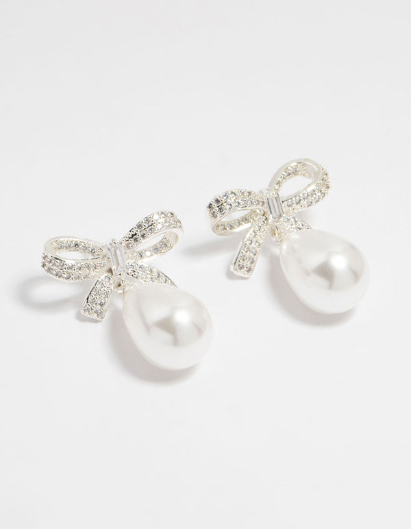 Silver Plated Cubic Zirconia & Pearl Bow Drop Earrings