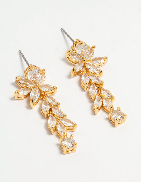 Gold Plated Cubic Zirconia Medium Flower Vine Drop Earrings