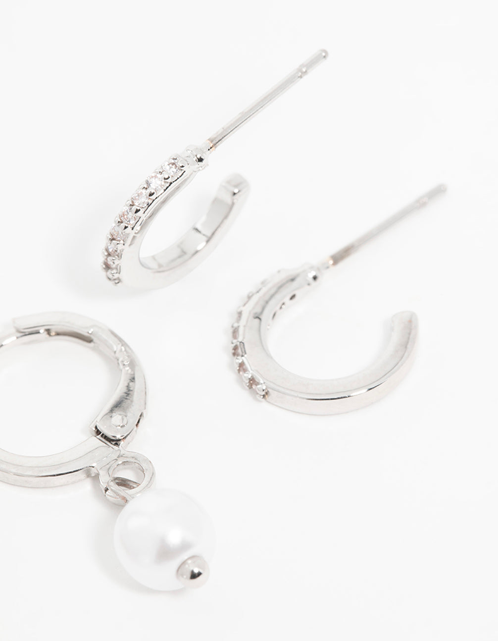 Silver Cubic Zirconia Pearl Bow Huggie Earrings 3-Pack