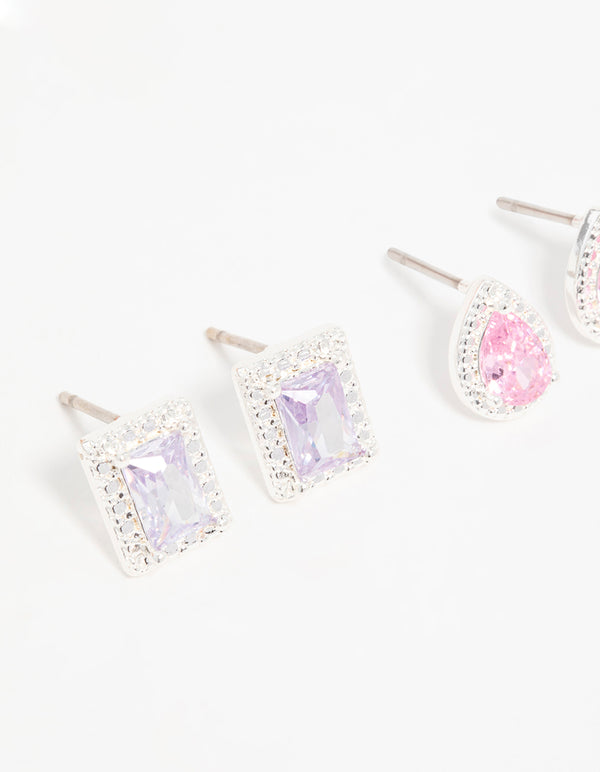 Silver Cubic Zirconia Teardrop & Square Stud Earrings 3-Pack