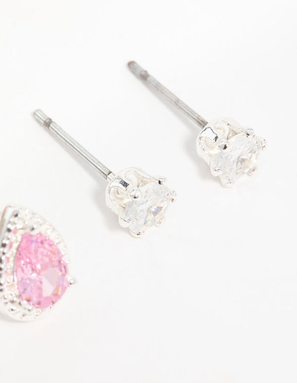 Silver Cubic Zirconia Teardrop & Square Stud Earrings 3-Pack