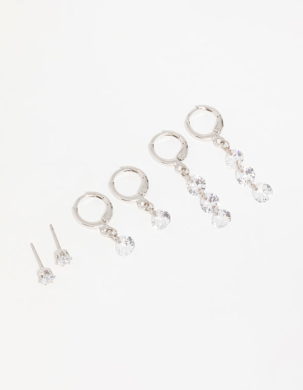 Silver Cubic Zirconia Stud & Huggie Earrings 3-Pack