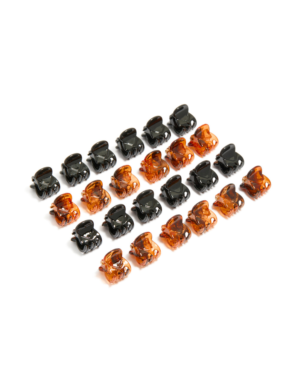 Showcasing solid black and dark orange neutral mini claw clips in a 24-pack front view