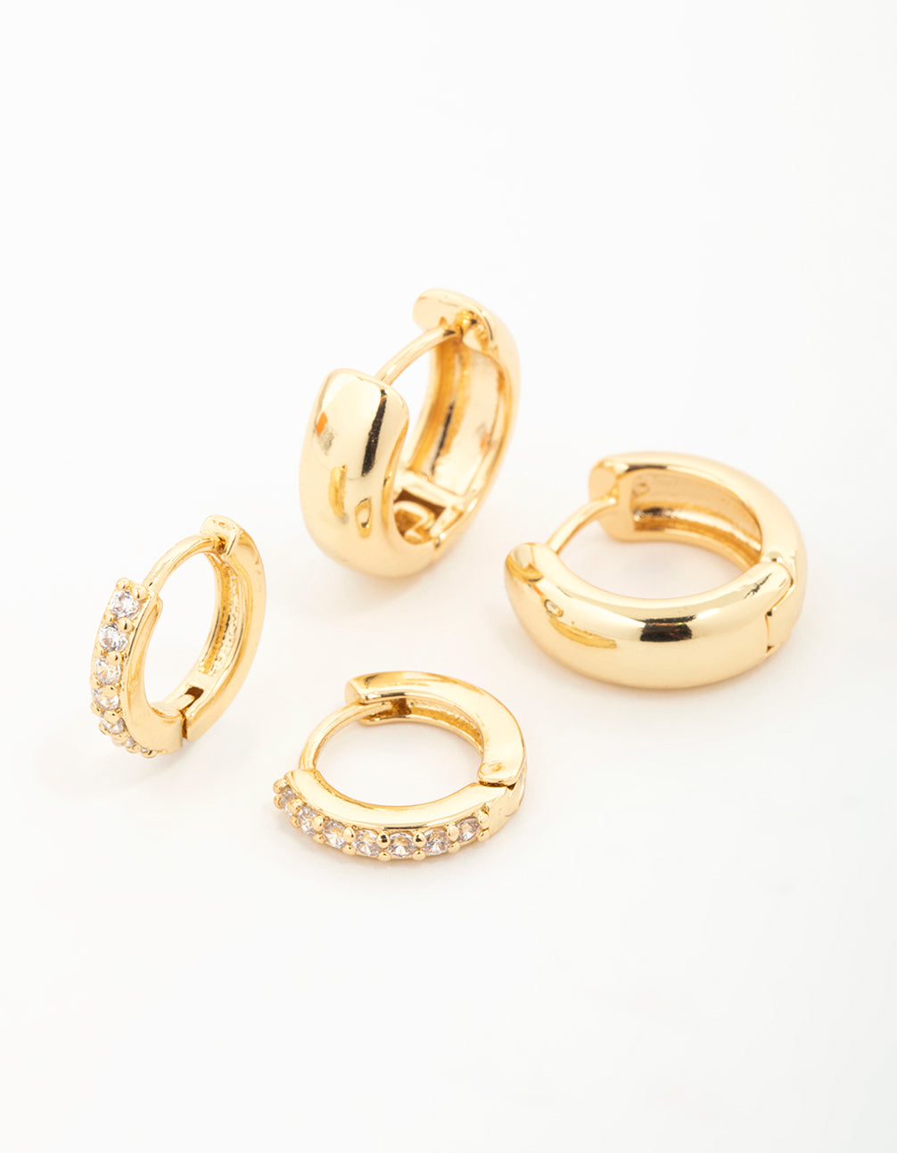 Gold Plated Brass Mini Cubic Zirconia & Plain Huggie Earrings 2-Pack