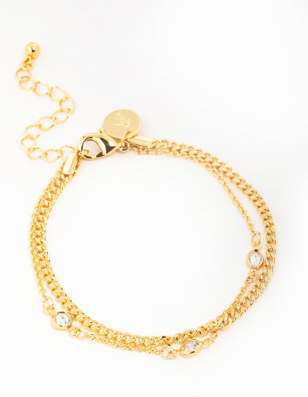 Gold Plated Brass Cubic Zirconia Chain Layered Bracelet