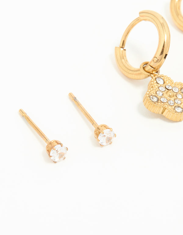 Waterproof Gold Plated Stainless Steel Cubic Zirconia Flower Hoop Earrings 3-Pack