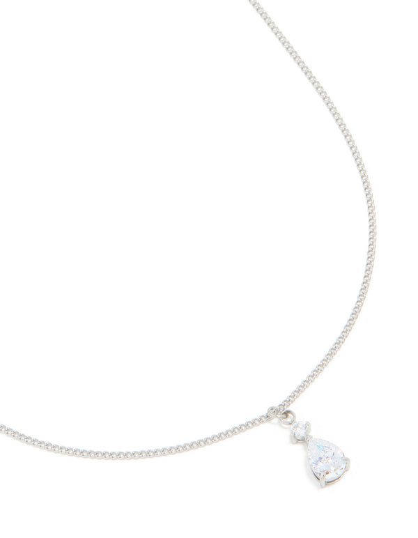 Discover this waterproof stainless steel cubic zirconia pear pendant necklace featuring in silver and clear close up view