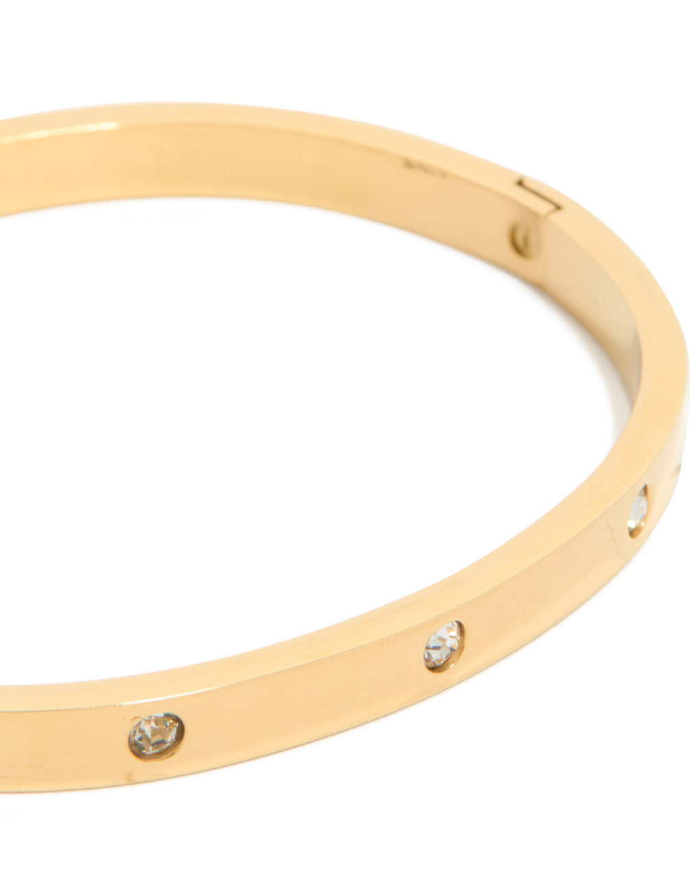 Detailed close-up of waterproof statement gold plated stainless steel with diamante embellishments hinged bangle close up view