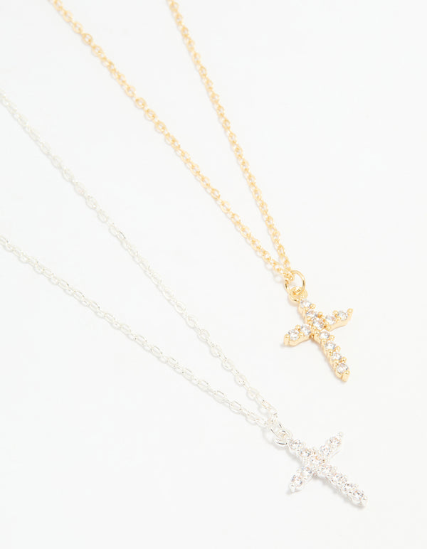 Mixed Metal Cross Cubic Zirconia Pendant Necklaces 2-Pack