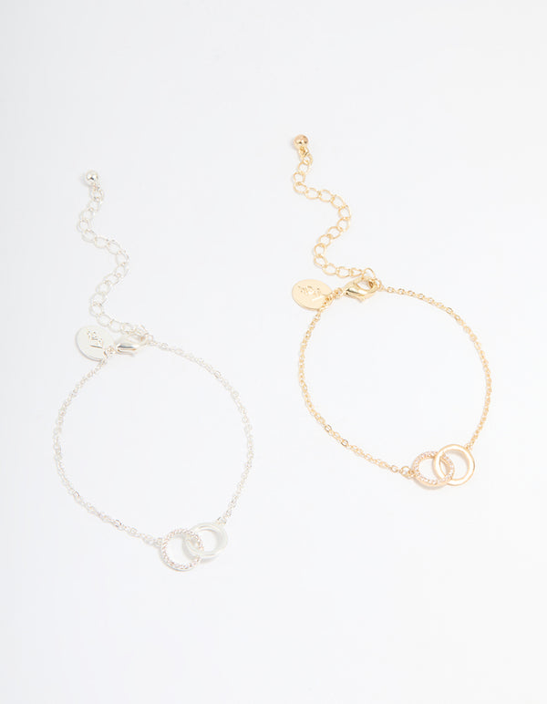 Gold & Silver Plated Brass Cubic Zirconia Link Bracelets 2-Pack