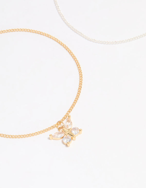Mixed Metal Cubic Zirconia Butterfly Link Toggle Bracelets 2-Pack
