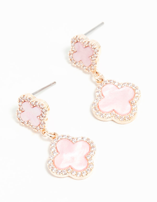 Rose Gold Cubic Zirconia Pink Flower Drop Earrings