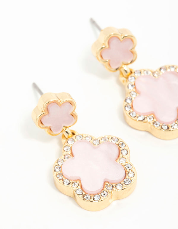 Gold Plated Pink Flower Drop Earrings
