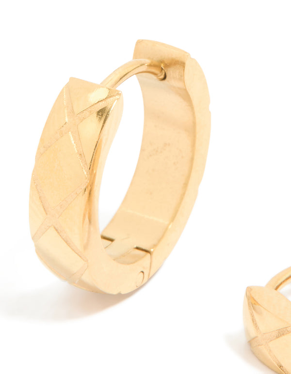 Featuring waterproof gold plated stainless steel textured cut huggie earrings close up view