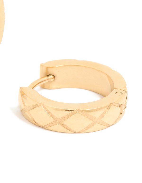 Waterproof Gold Plated Stainless Steel Textured Cushion Huggie Earrings
