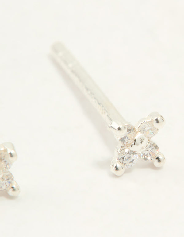 Sterling Silver Cubic Zirconia Micro Flower Stud Earrings