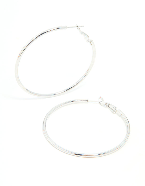 Explore statement hoop earrings, 50 mm in surgical steel with silver finish front view