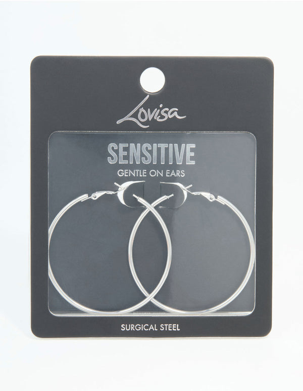 Explore statement hoop earrings, 50 mm in surgical steel with silver finish front view