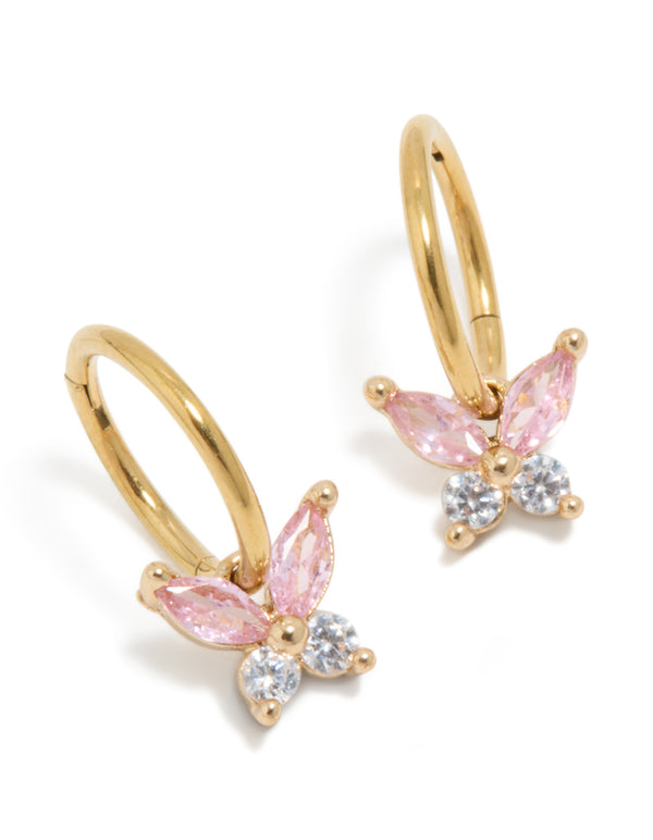 Gold Plated Surgical Steel Pink Cubic Zirconia Butterfly Sleeper Earrings