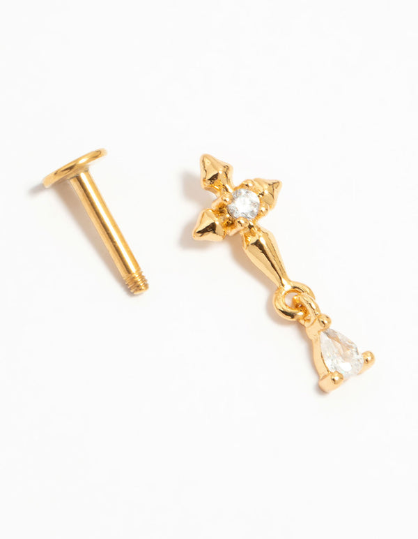 Gold Plated Surgical Steel Cubic Zirconia Micro Cross Flat Back Stud