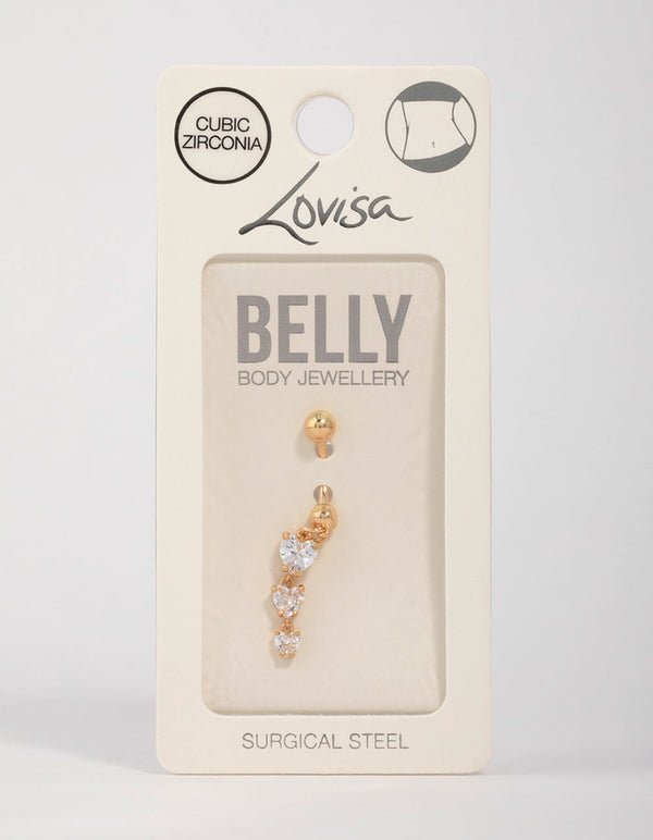 Gold Plated Surgical Steel Cubic Zirconia Triple Heart Belly Bar