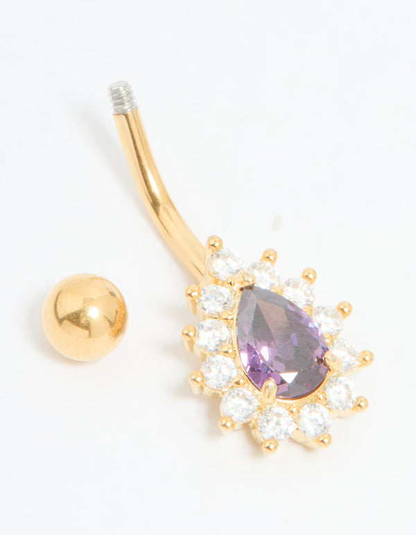 Gold Plated Surgical Steel Purple Cubic Zirconia Teardrop Belly Bar