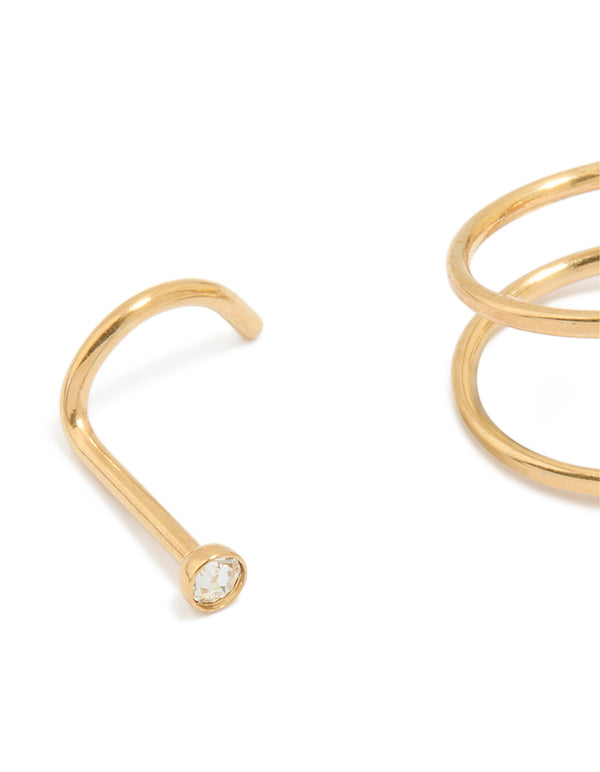 Gold Plated Surgical Steel Cubic Zirconia Hook & Nose Ring 3-Pack