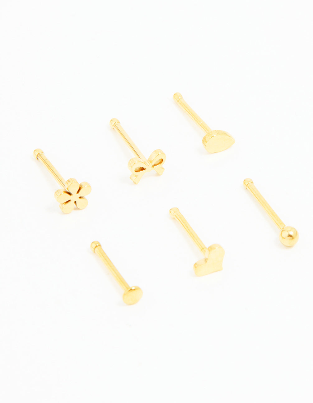 Gold Plated Surgical Steel Heart, Bow & Flower Nose Stud 6-Pack